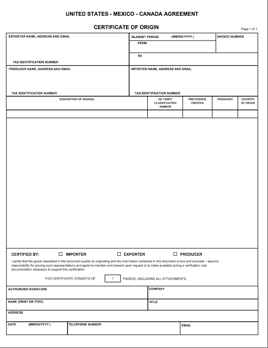 Sample USMCA Certificate of Origin